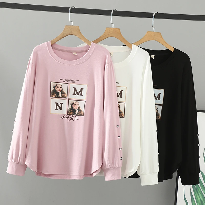 加肥加大码女装新款春装胖妹妹200斤洋气圆领印花上衣女炸街卫衣