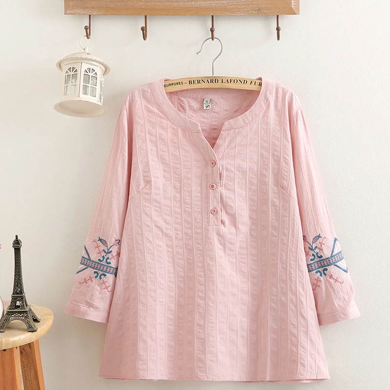 胖女人春夏装2024新款胖mm七分袖遮肚上衣200斤民族风显瘦衬衫女