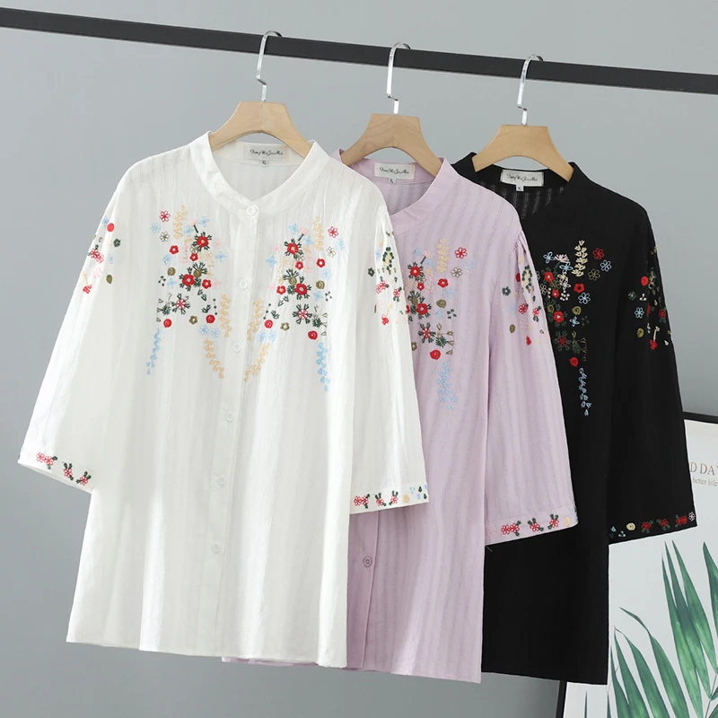 加肥加大码女装胖mm夏装炸街宽松国风衬衫女七分袖200斤绣花上衣