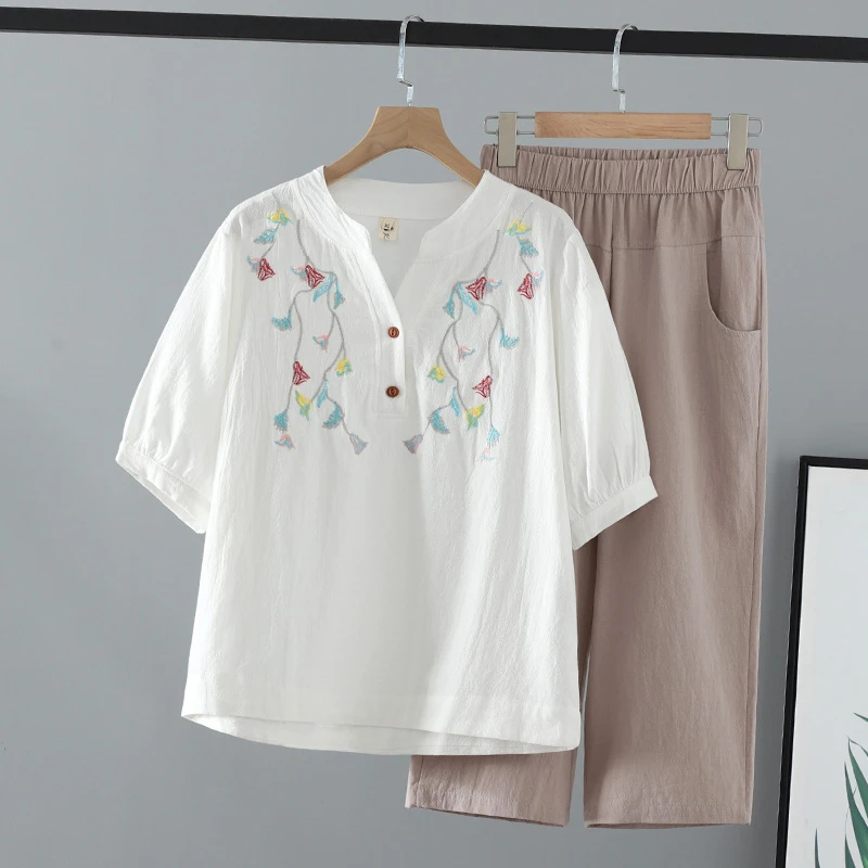 夏季胖mm显瘦国风遮肉藏肉大码女装胖妹妹两粒扣刺绣v领时尚套装