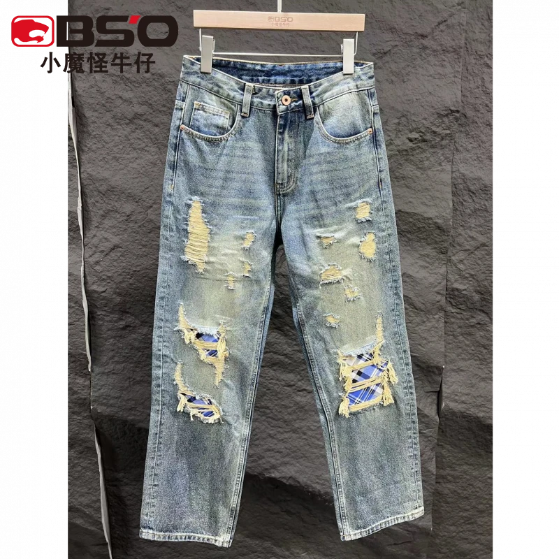 小魔怪美式复古潮牌秋冬款破洞补丁新款宽松直筒牛仔裤男个性长裤