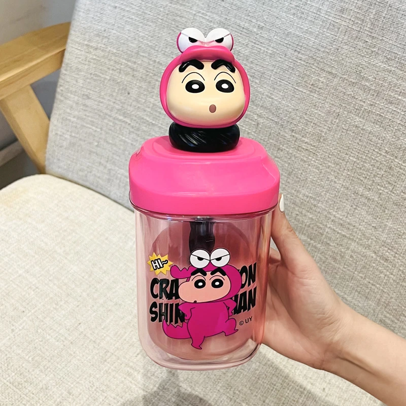 蜡笔小新高颜值塑料杯大容量搅拌水杯儿童学生吸管杯子女可爱