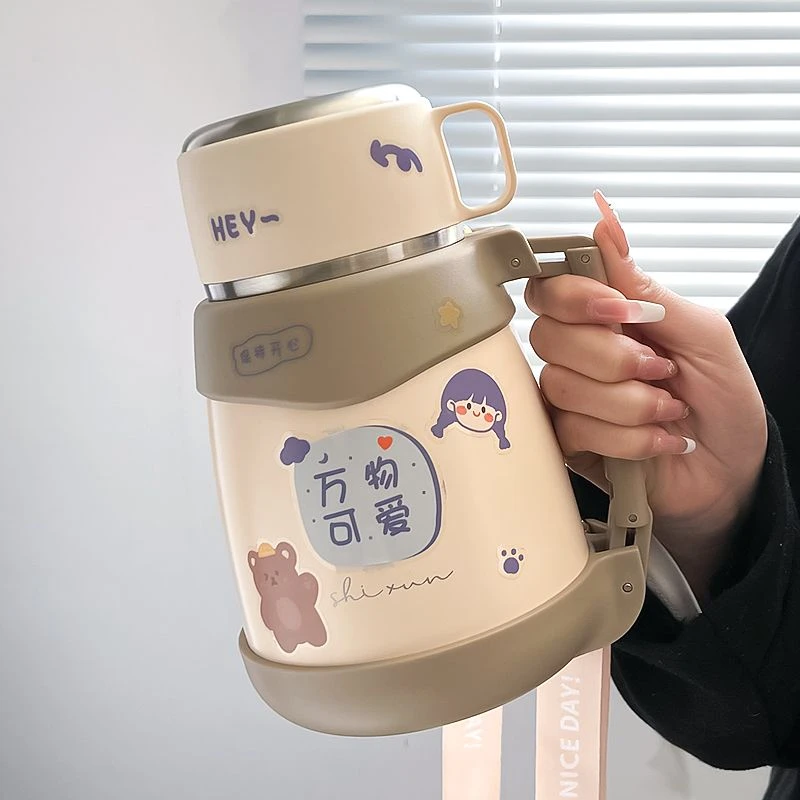 大肚保温杯大容量带杯盖不锈钢保温壶便携高颜值仙女专用水杯