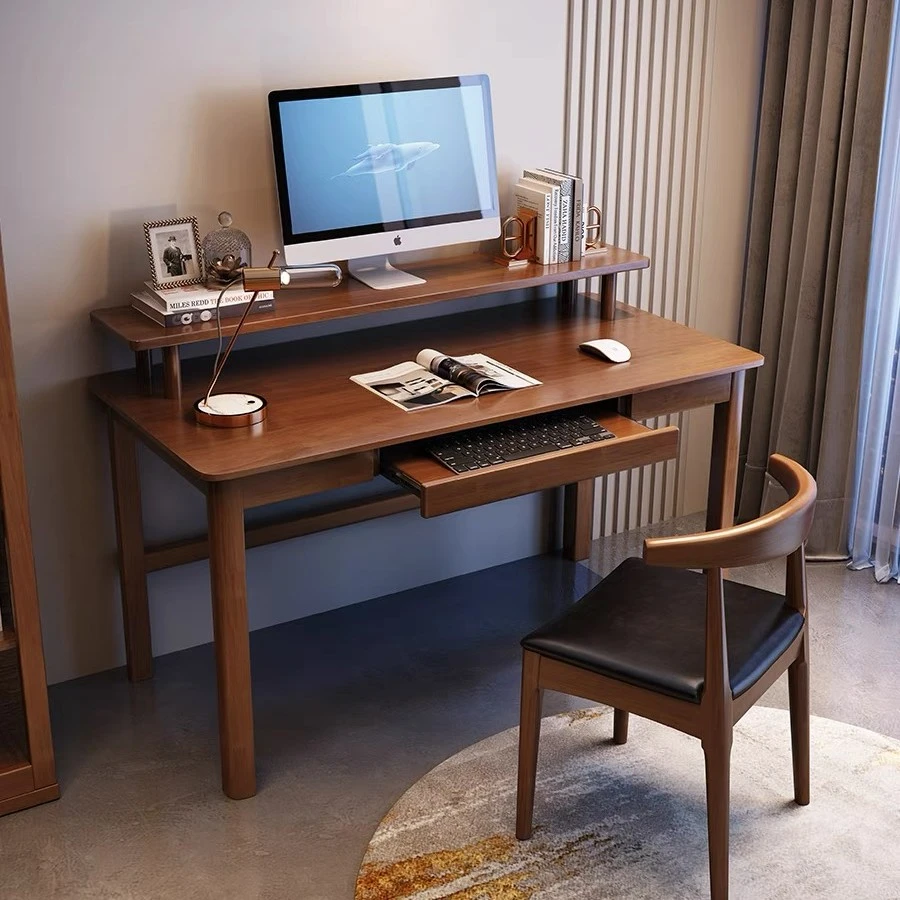 【键盘办公桌】全实木简约办公桌家用电脑桌成人带置物架写字桌