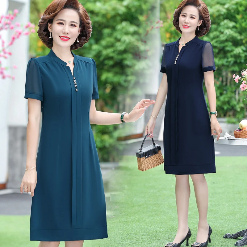 中年妈妈夏装短袖连衣裙洋气2025新款40岁中老年女装时尚雪纺裙子