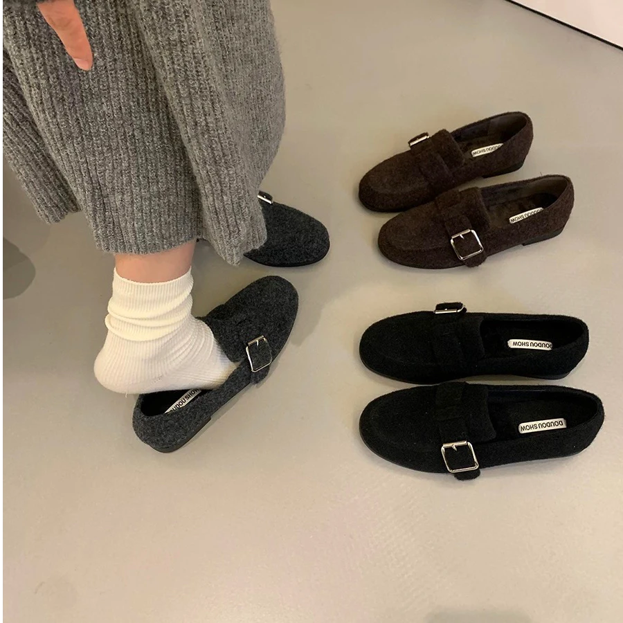 爆款毛呢新款低跟韩版软底加绒保暖乐福鞋皮带扣冬季配裙子8928-3