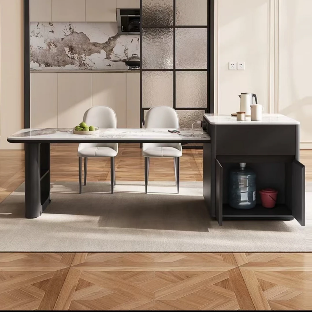 意式极简岩板岛台餐桌一体可伸缩高端餐厅定制小户型吃饭泡茶岛台