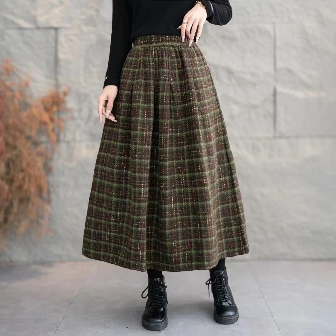 秋冬新款复古格子花呢半身裙韩版高腰A字裙中长款加厚百搭伞裙