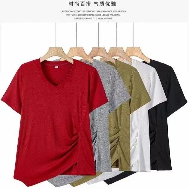 2024年新款女士大码遮肉短袖t恤夏季不规则洋气修身褶皱小上衣