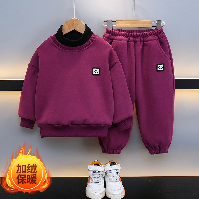 男童加绒套装秋冬装2024新款五六七岁儿童加厚洋气冬季卫衣两件套