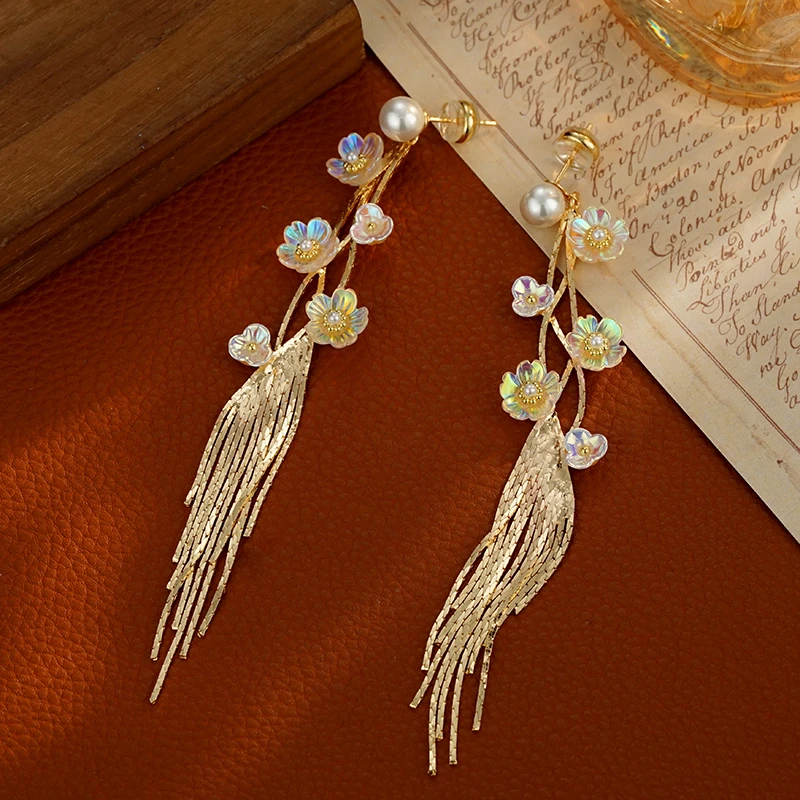 铜合金耳饰 5504 个性长款超仙经典手工气质精致花朵流苏耳环