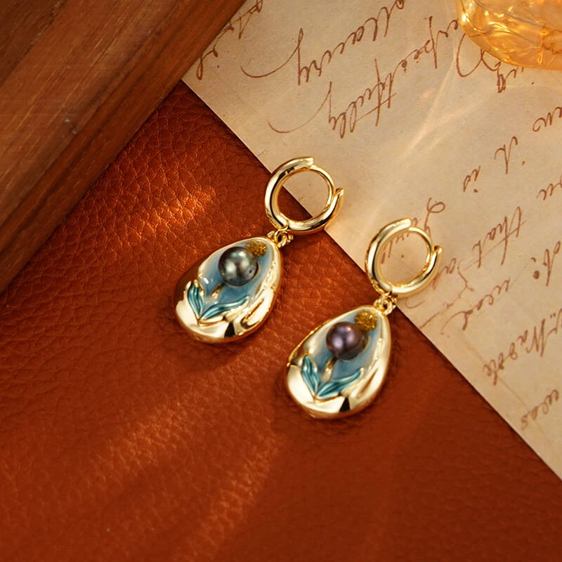 铜合金耳饰 5682【画中仙子】法式复古宫廷油画风珐琅时尚花朵耳环