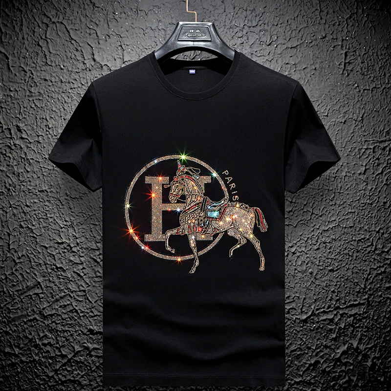 夏季男士短袖t恤烫钻大码修身圆领半袖个性半截袖体恤衫百搭上衣