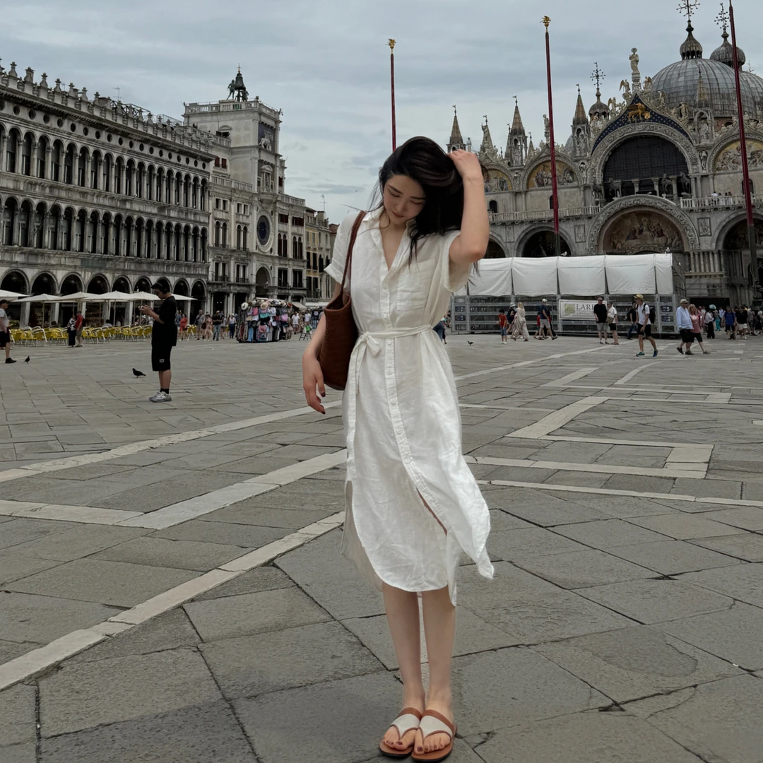 ROMI STUDIO“棕标甄选”亚麻砂洗洗水衬衣直筒连衣裙 421L5112