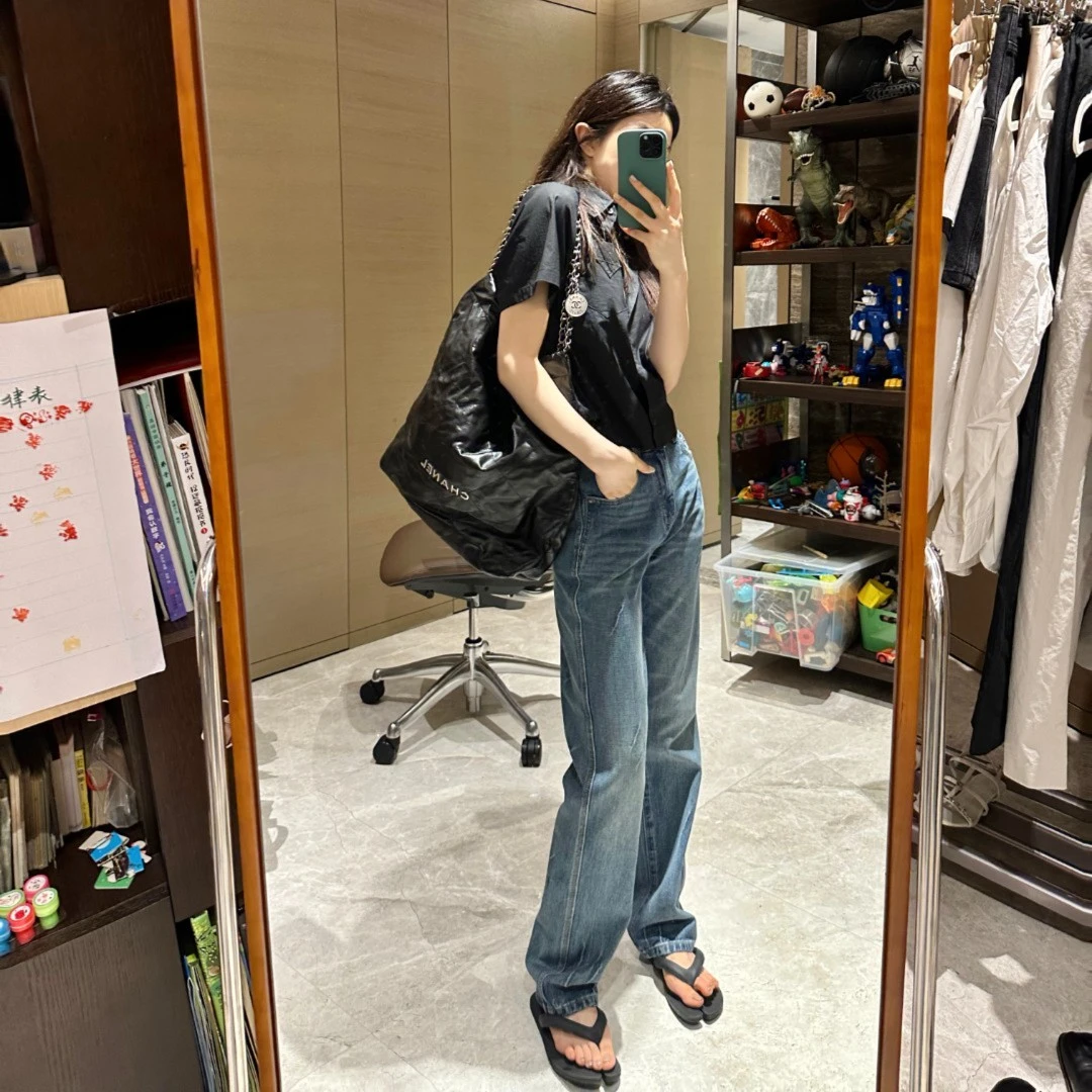 ROMI STUDIO“美式复古”百搭高腰鸡爪纹洗水蓝色宽松牛仔裤 N3465