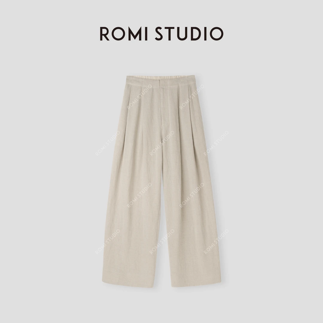 ROMI STUDIO “中式美学” 亚麻混纺微皱肌理感直筒休闲裤24SSK598