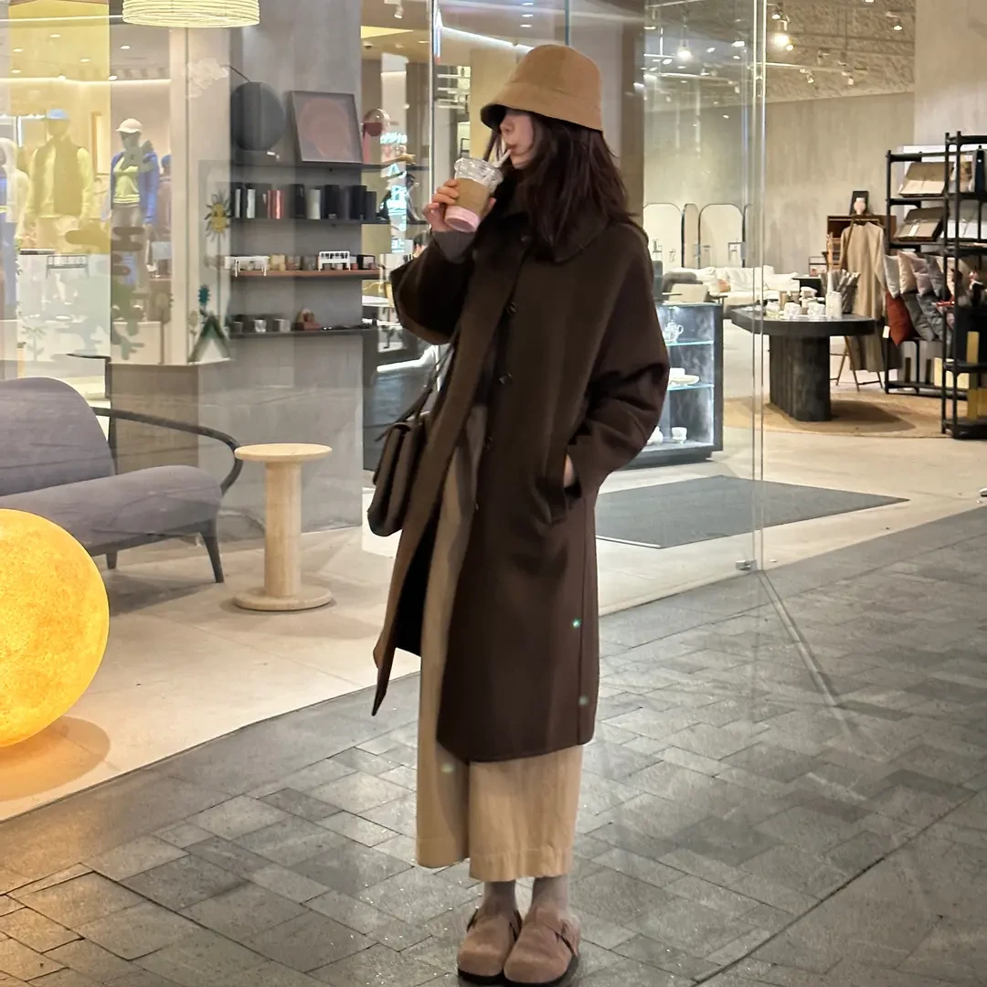 ROMI STUDIO800G牦牛绒廓形翻领驼棕色双面毛呢大衣外套 23AWW794
