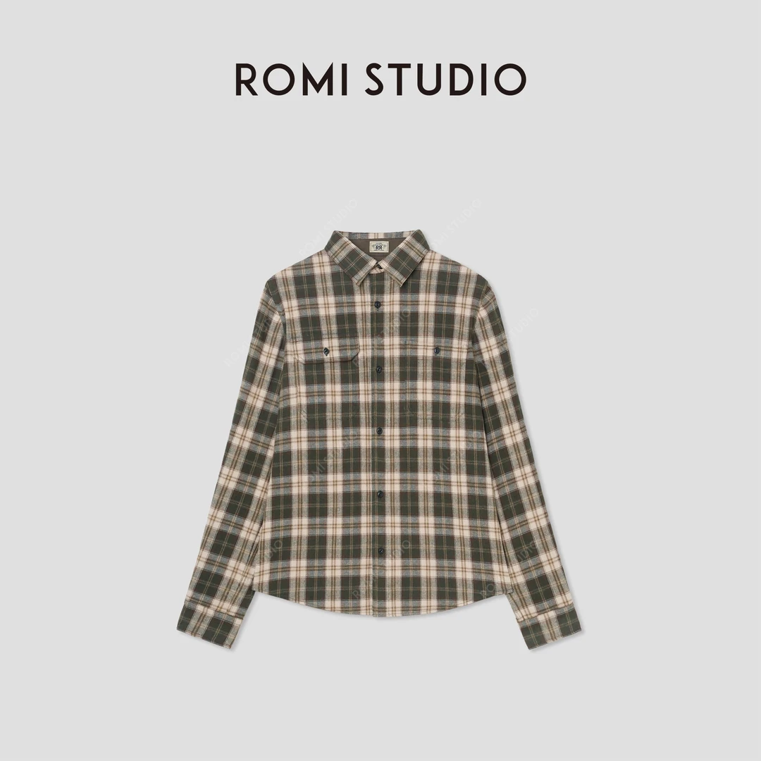 ROMI STUDIO“美式复古”莱赛尔棉混纺磨毛翻领格纹衬衫 431C5105