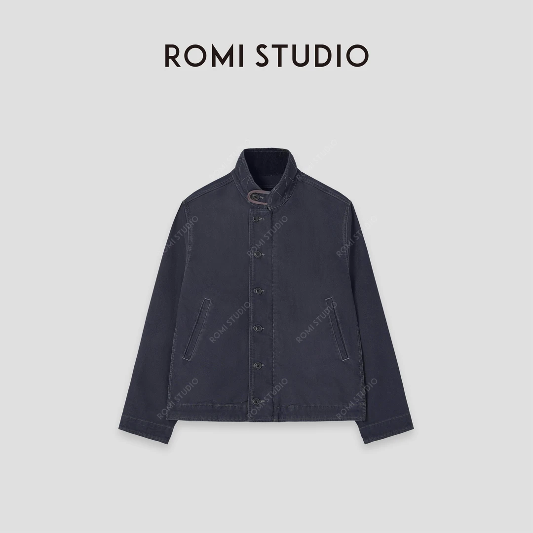 ROMI STUDIO“美式复古”厚编织斜纹棉哈灵顿立领夹克外套 431W8074
