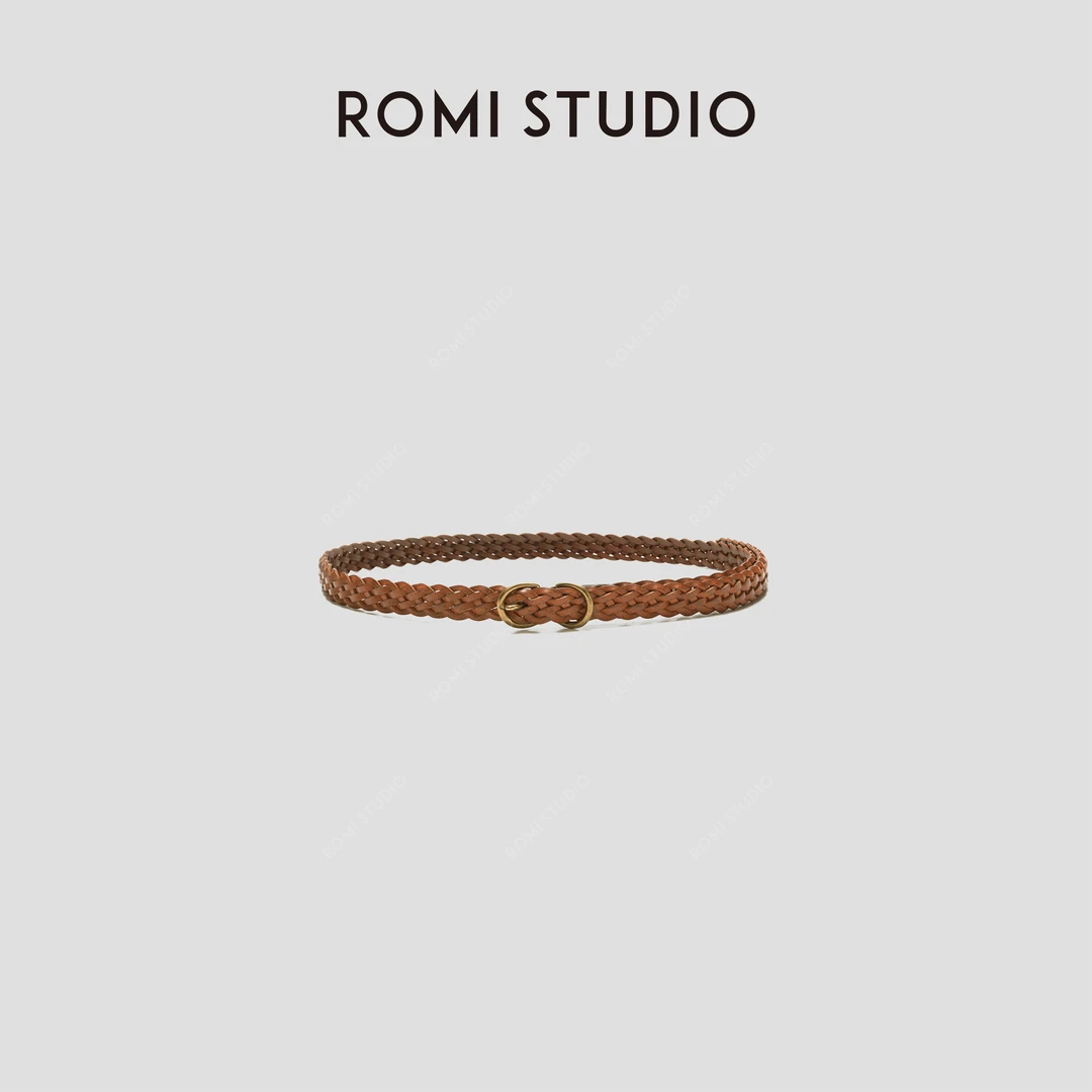 ROMI STUDIO“经典升级”手工牛皮编织针扣棕色百搭细腰带23AWS102