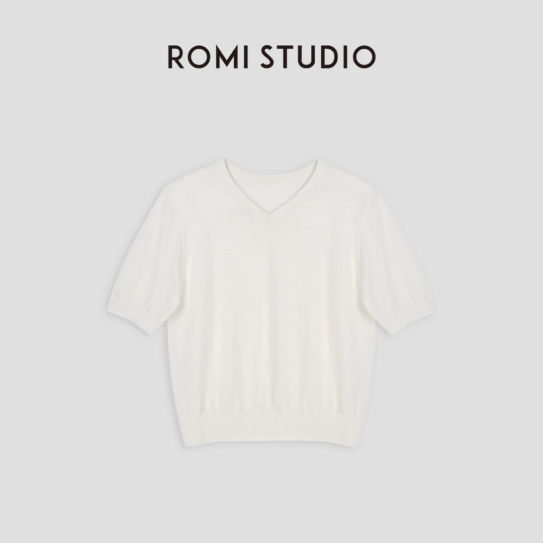 ROMI STUDIO“内外兼备”45支羊毛混纺柔软透气V领短袖针织t恤M3726