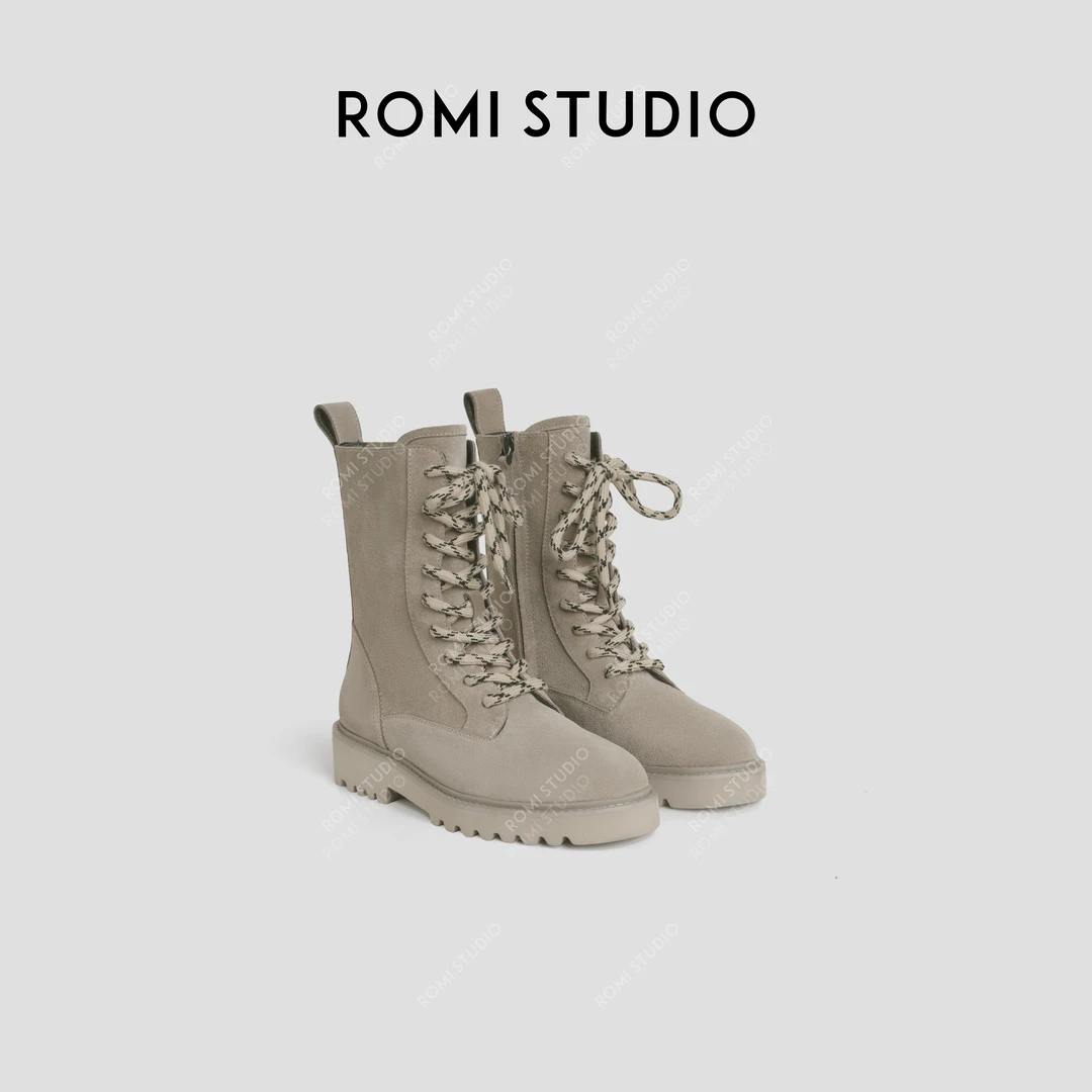 ROMI STUDIO “率性自我” 牛反绒绒面圆头系带厚底马丁靴 437D4038