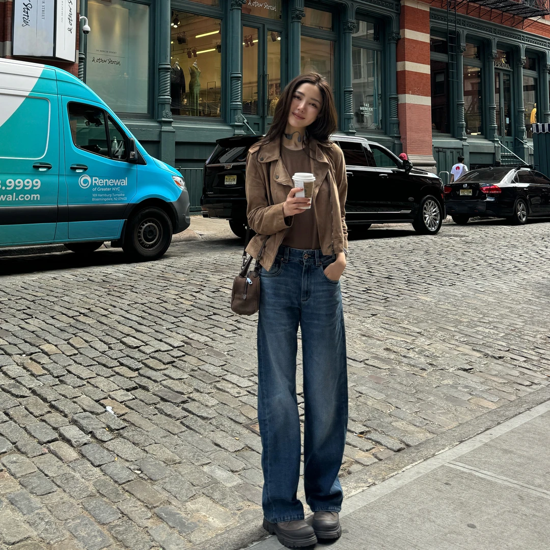 ROMI STUDIO “重磅丹宁” 莱卡棉混纺绳染洗水直筒牛仔裤 431N5041