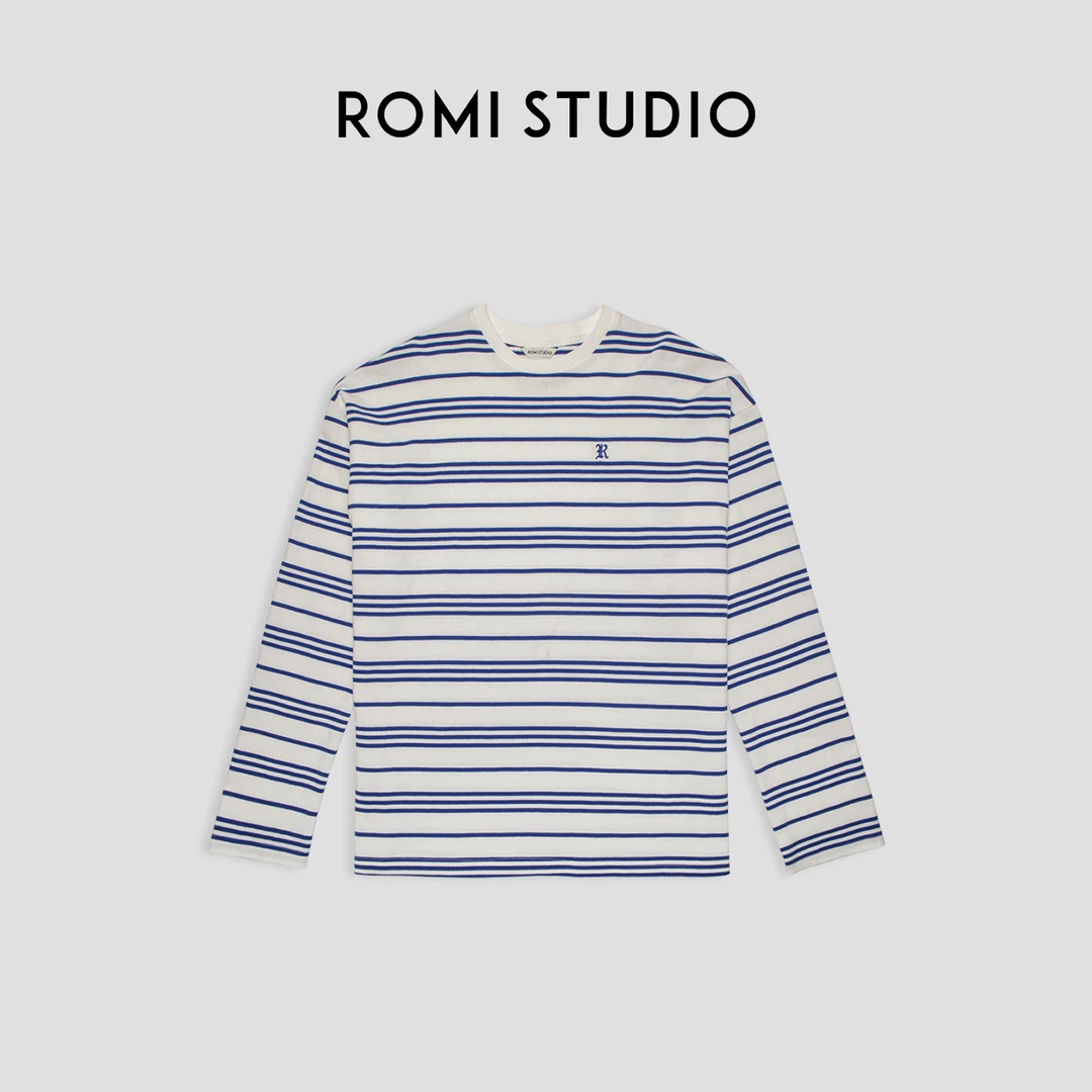 ROMI STUDIO复古率性 松弛感蓝白条纹刺绣圆领宽松长袖t恤 T3476