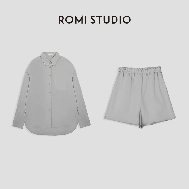 ROMI STUDIO-B春夏必备 简约休闲廓形灰蓝色衬衣套装 T3012/K3013