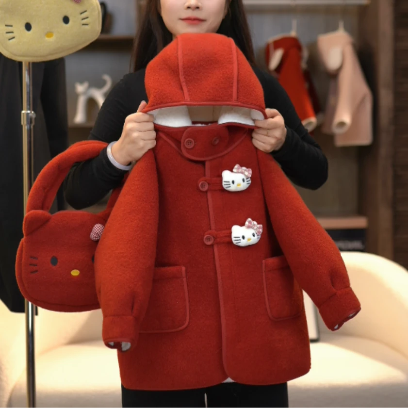 2024冬季新款女童KT猫加绒加厚连帽毛妮时尚保暖呢大衣外套潮
