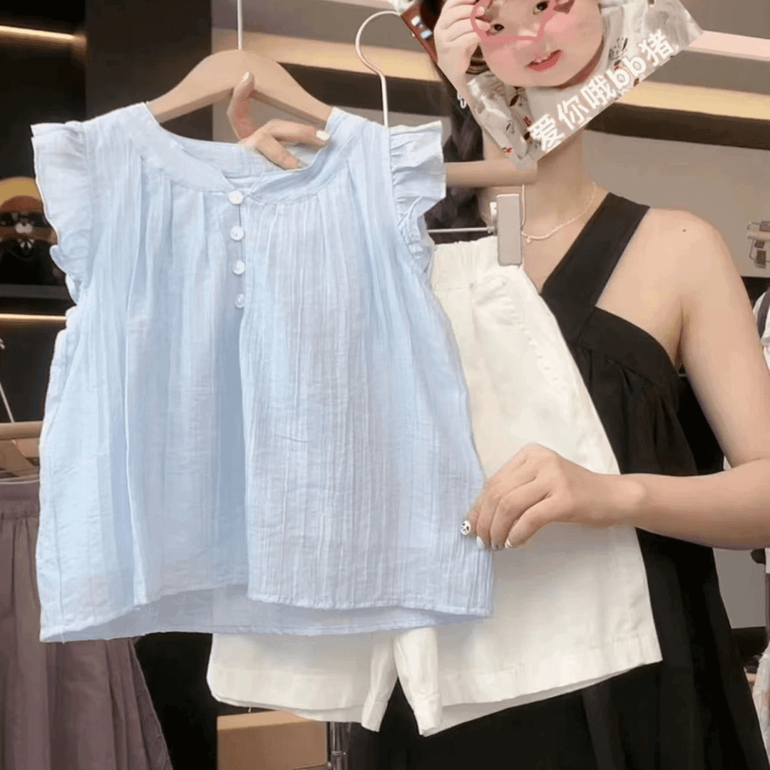 女童夏季新款薄款法式荷叶边飞飞袖娃娃衫套装两件套百搭款式韩版