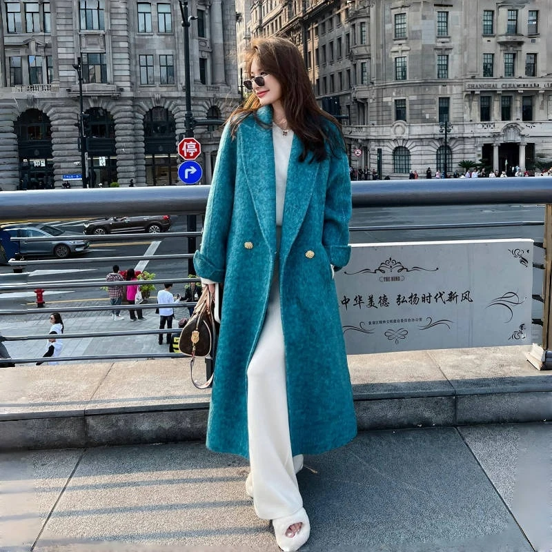 韩版中长款双面羊毛大衣女款2024秋冬宽松毛呢外套时尚气质呢大衣