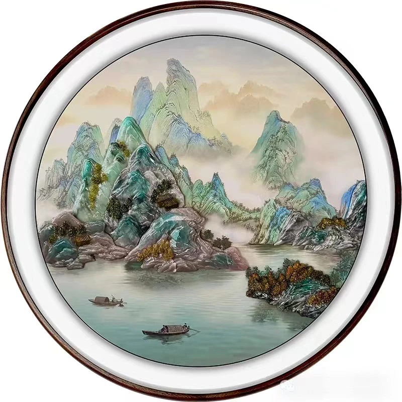 精品直径90圆形带玻璃玉雕画 客厅入门玄关餐厅手工雕刻精品挂画