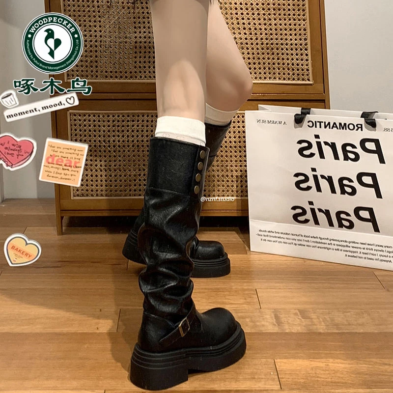 啄木鸟黑色复古英伦风粗跟厚底长筒靴女2024新款秋季高筒过膝长靴
