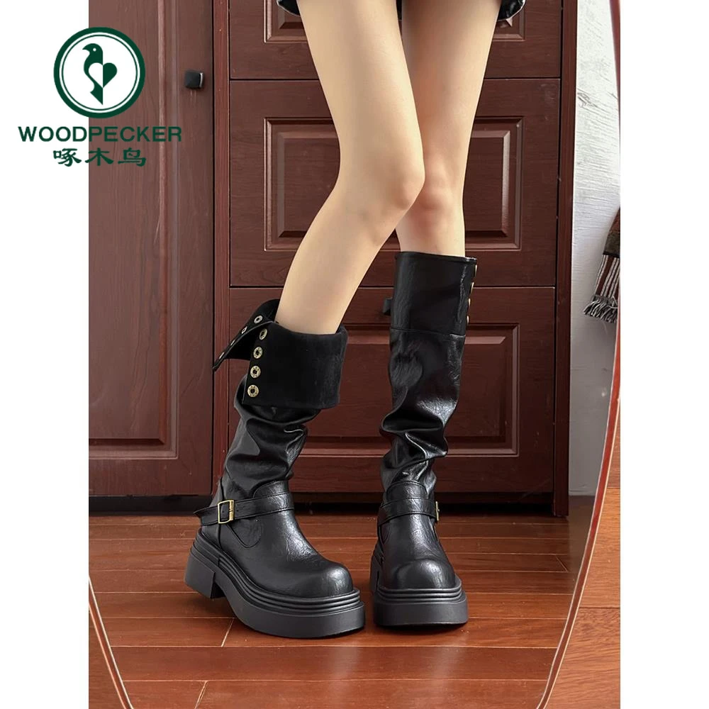 啄木鸟厚底靴子女两穿2024年春秋季新款时尚皮带扣西部牛仔靴粗腿