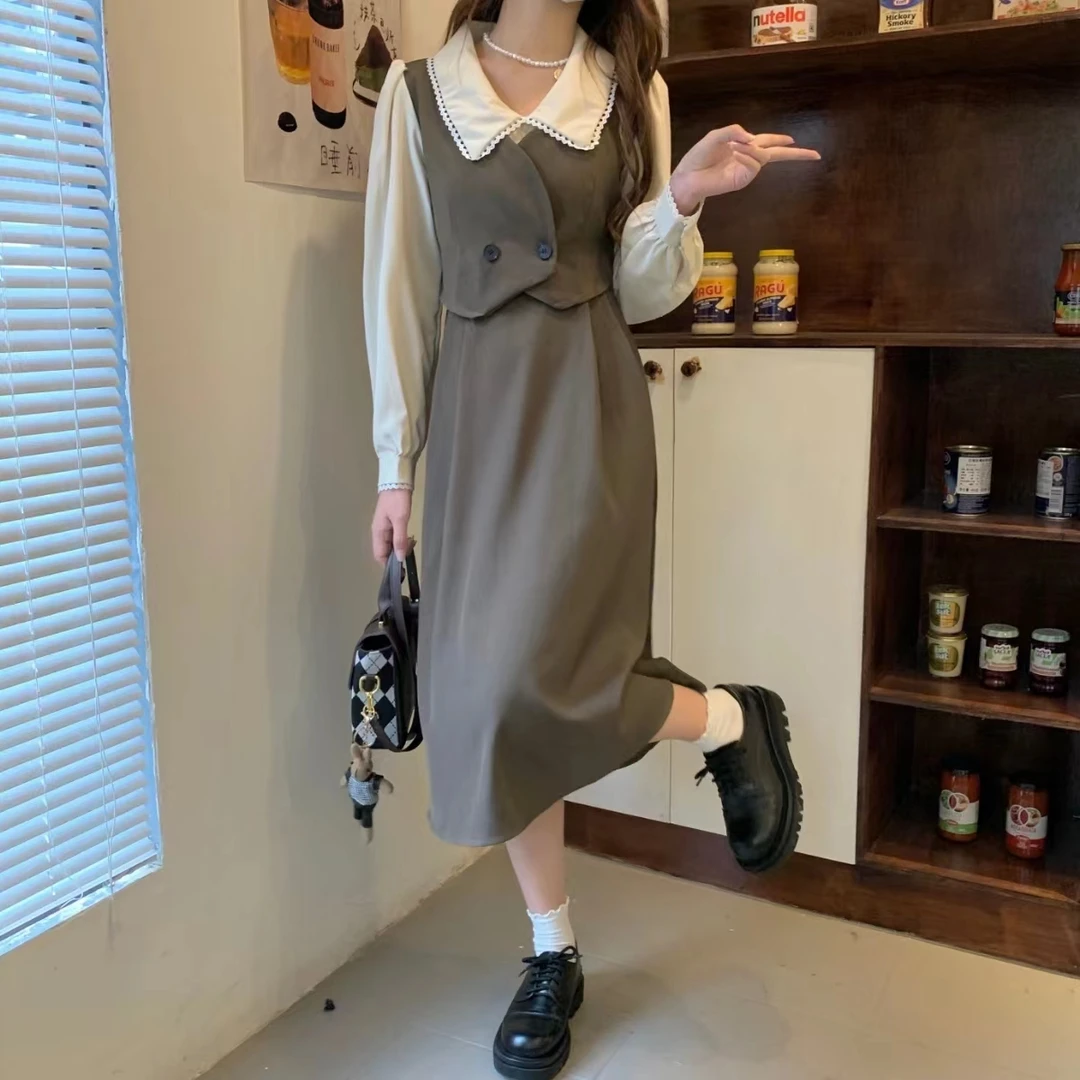 小个子假两件女装连衣裙中长款150cm娃娃领法式长袖收腰a字裙春秋