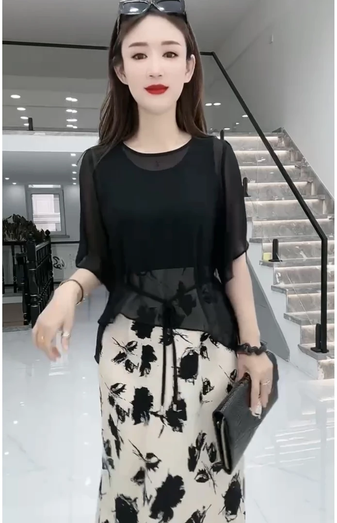 时尚衫➕印花连衣裙简约收腰遮肉显瘦减年龄百搭