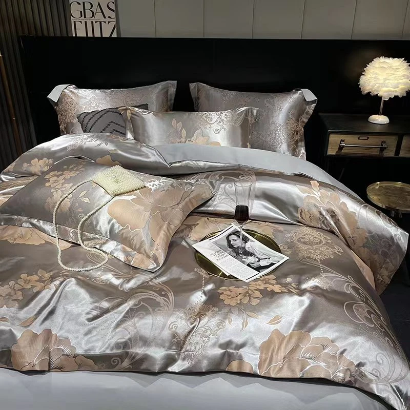 盛世牡丹 轻奢贡缎提花四件套灰色亲肤裸睡柔软被套丝滑高端欧式