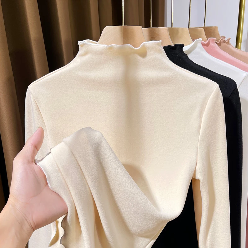 半高领双面德绒打底衫女秋冬新款加绒加厚磨毛保暖内搭洋气上衣女