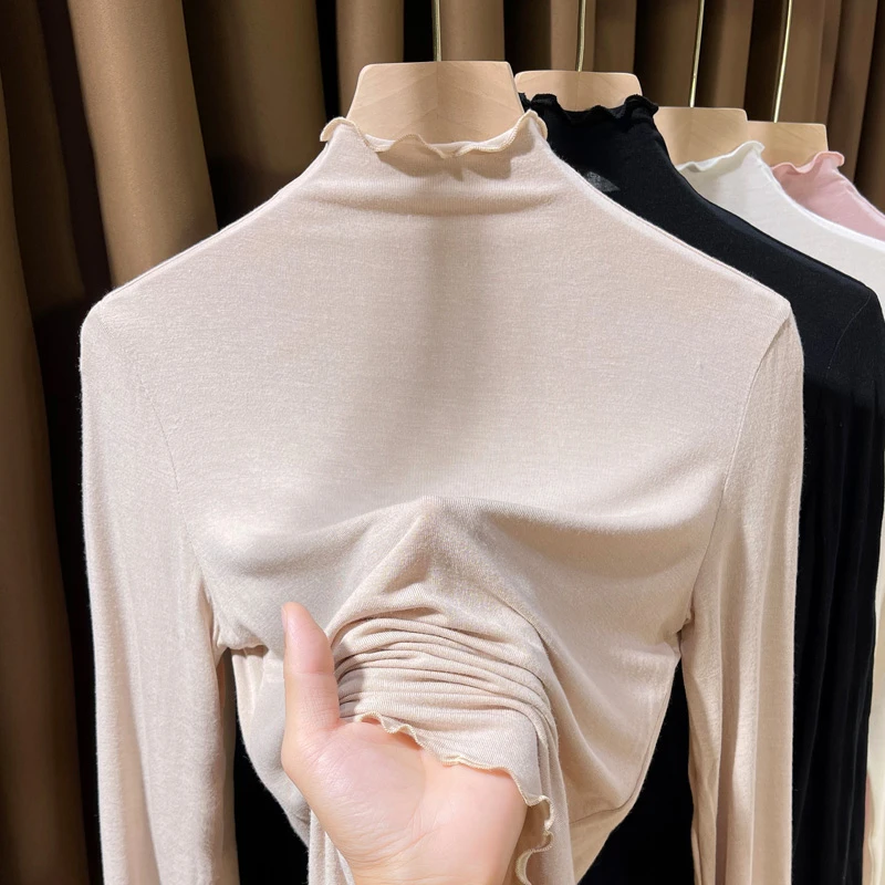 薄款半高领打底衫女2024新款木耳边莫代尔t恤女内搭超弹皮肤衣潮