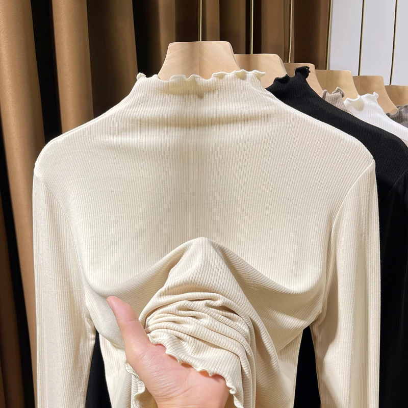 半高领内搭打底衫女秋冬2025新款加绒加厚白色木耳边中领保暖上衣