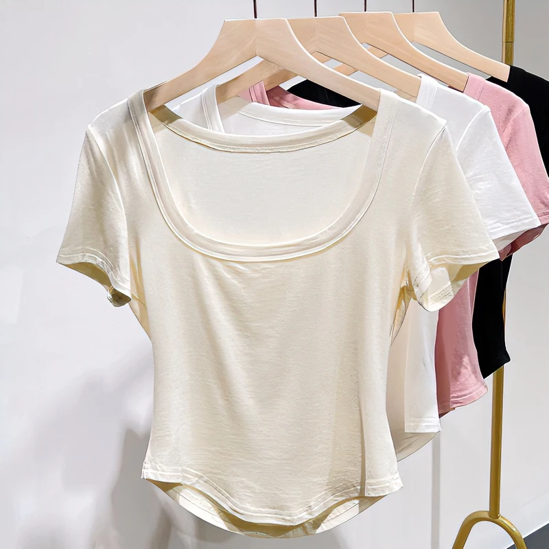 U型低领甜辣短袖t恤女2024年夏季新款高腰短款内搭正肩莫代尔上衣