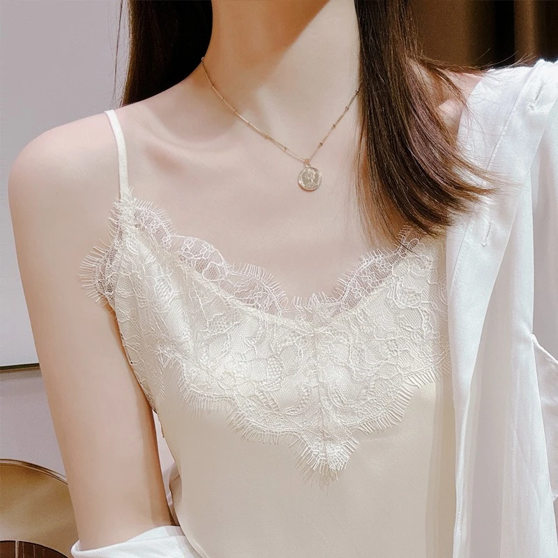蕾丝吊带背心女夏季小西装内搭打底性感白色修身缎面V领宽松上衣