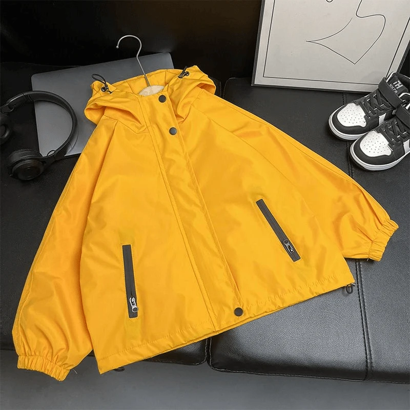 男童春秋季冲锋衣黄色外套儿童男孩子帅气中大童运动休闲连帽上衣