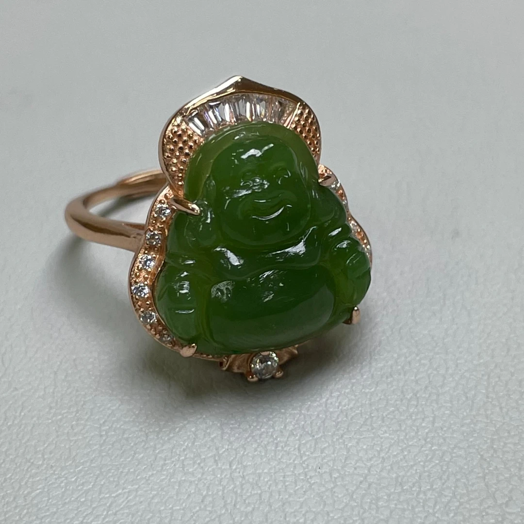 S925银和田玉碧玉小佛公戒指*可调节