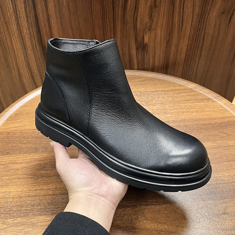 头层牛皮男士切尔西靴软皮软底舒适高帮休闲鞋拉链短靴马丁靴