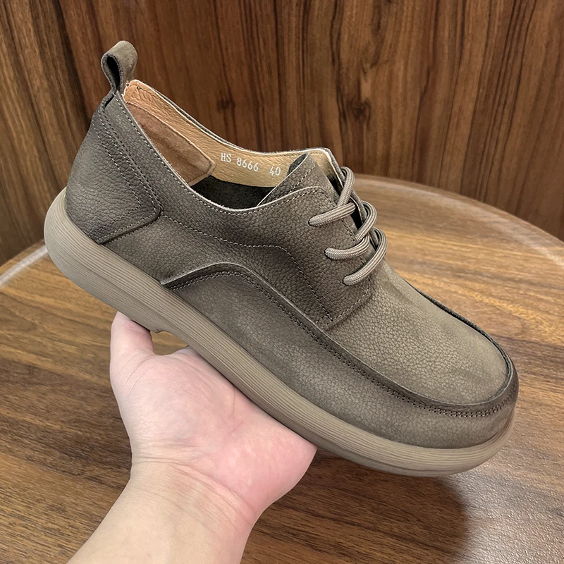 外贸新款休闲男皮鞋头层牛皮复古百搭潮软底单鞋宽头透气商务男鞋