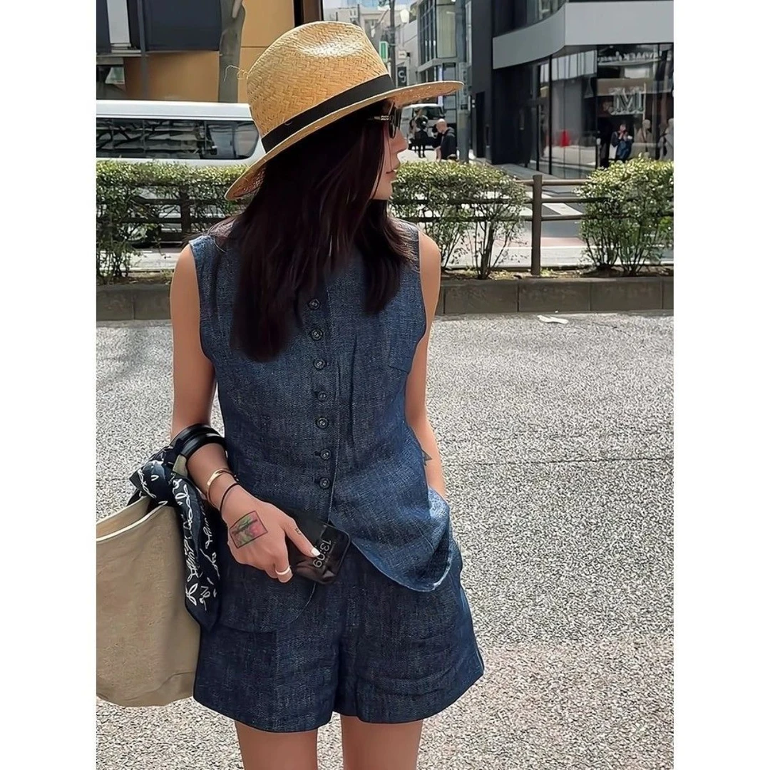 复古麻牛仔套装女2025夏港风休闲无袖马甲开衫短裤时尚两件套