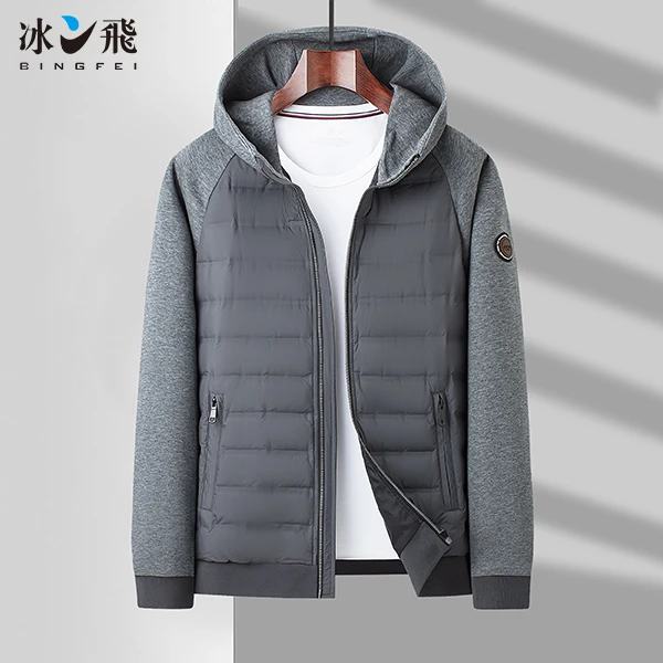 冰飞鹅绒羽绒服男款CJ保暖时尚拼接宽松防寒连帽外套BF001A21739