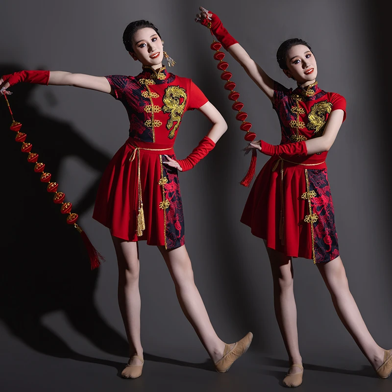 新款打鼓服中国风演出服女夏裙舞台爵士舞服装广场舞扇子舞秧歌服